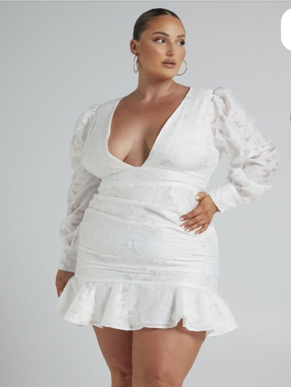 Showpo White Textured Deep V Ruffle Mini Dress